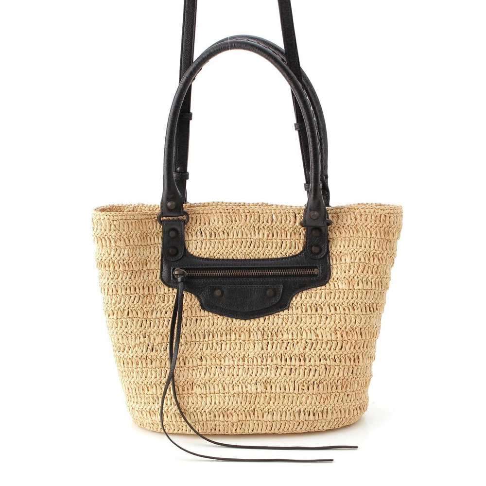 Balenciaga Straw Tan City Basket Handbag Black